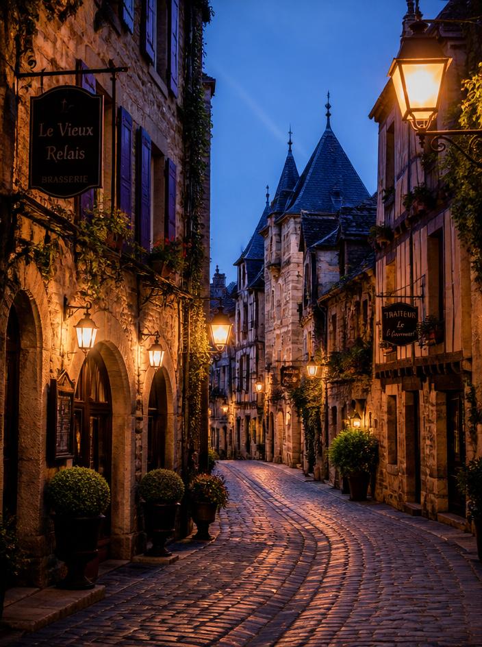 European cobblestone street at blue hour
