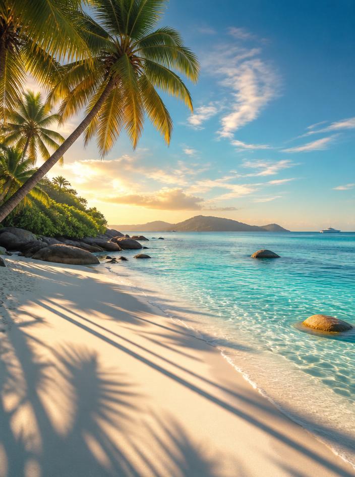 Family-friendly tropical beach with palm shadows on white sand
